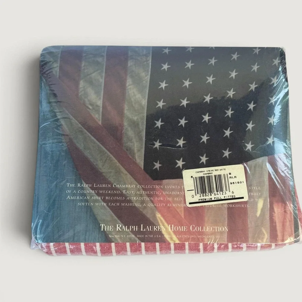 Ralph Lauren Chambray Full Fitted Sheet Red White Stripe Vintage USA New